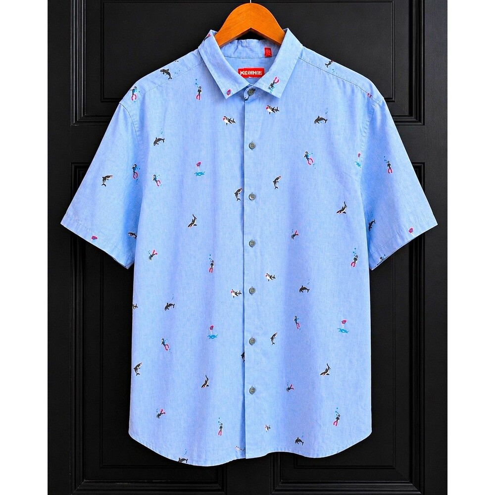 Tori Richard Men's L Blue Cotton Short Sleeve Button-Down Print Beach Shirt